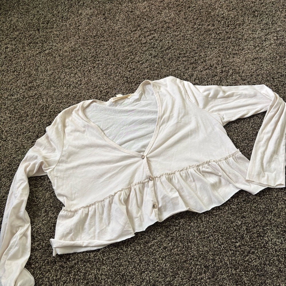 Urban Outfitters Cream Ruffle-Hem Long Sleeve Button Top